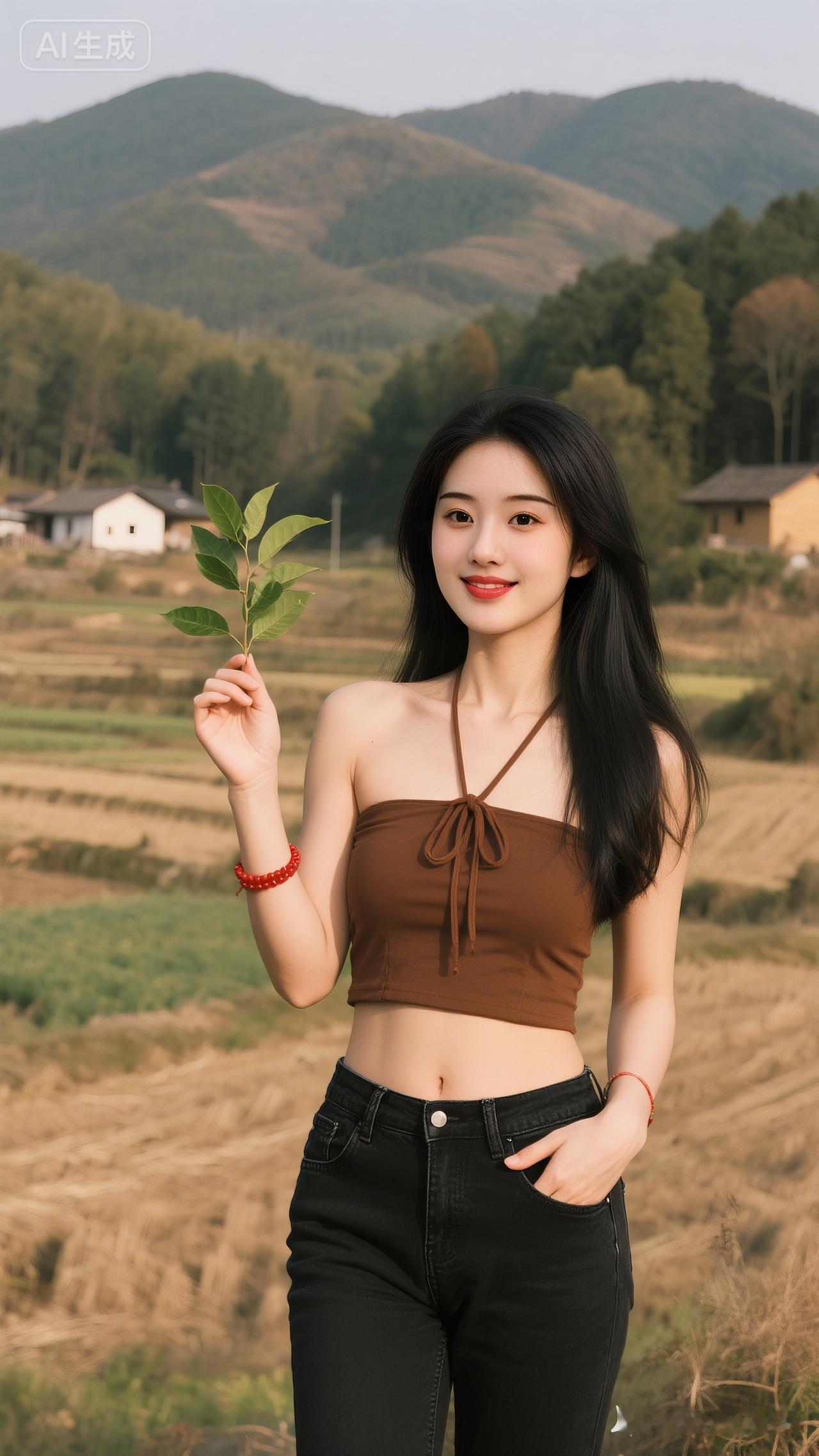 东亚少女墨发垂肩，棕褐系带短衫露纤腰，黑牛仔利落，红手链点缀。立山野田园间，手捻