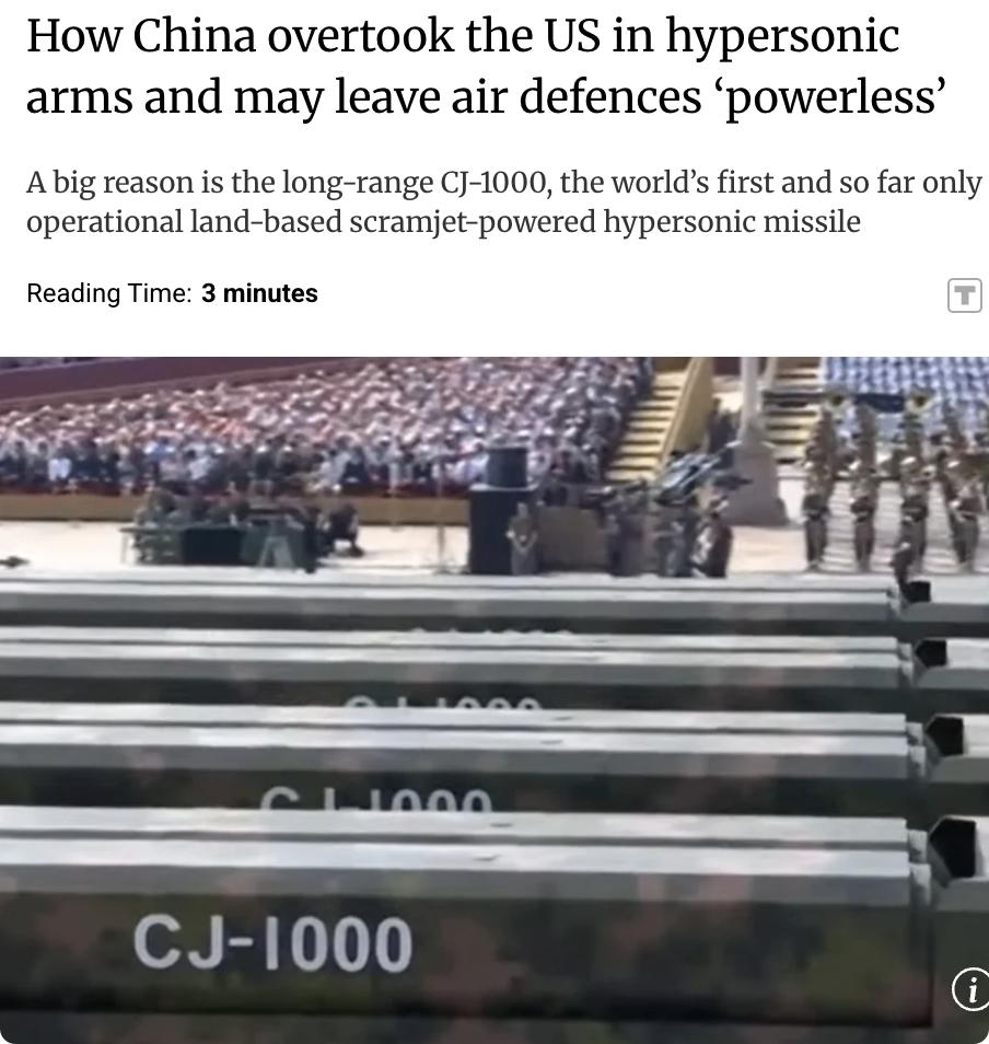 外媒：中国在高超音速武器领域已超越美国。中国展示的CJ-1000高超音速