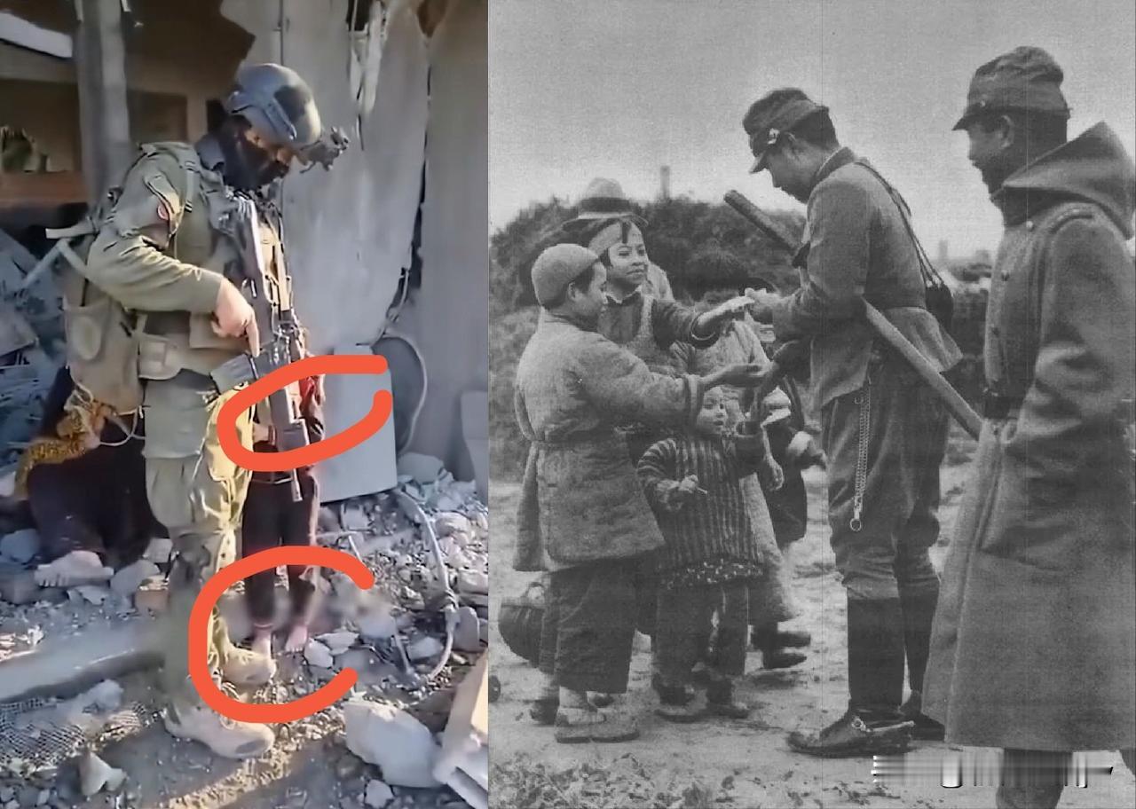 似曾相识，又何其相似啊！图左，以色列一士兵右手握枪，左手揽着加沙一光脚小女孩