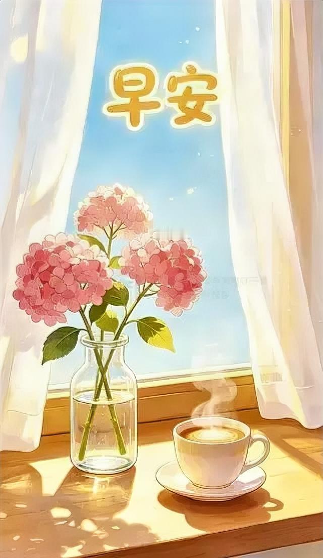 晨光穿透窗纱，粉色绣球邂逅热咖啡。早安！将温柔融入日常，开启惬意周末。分享早安