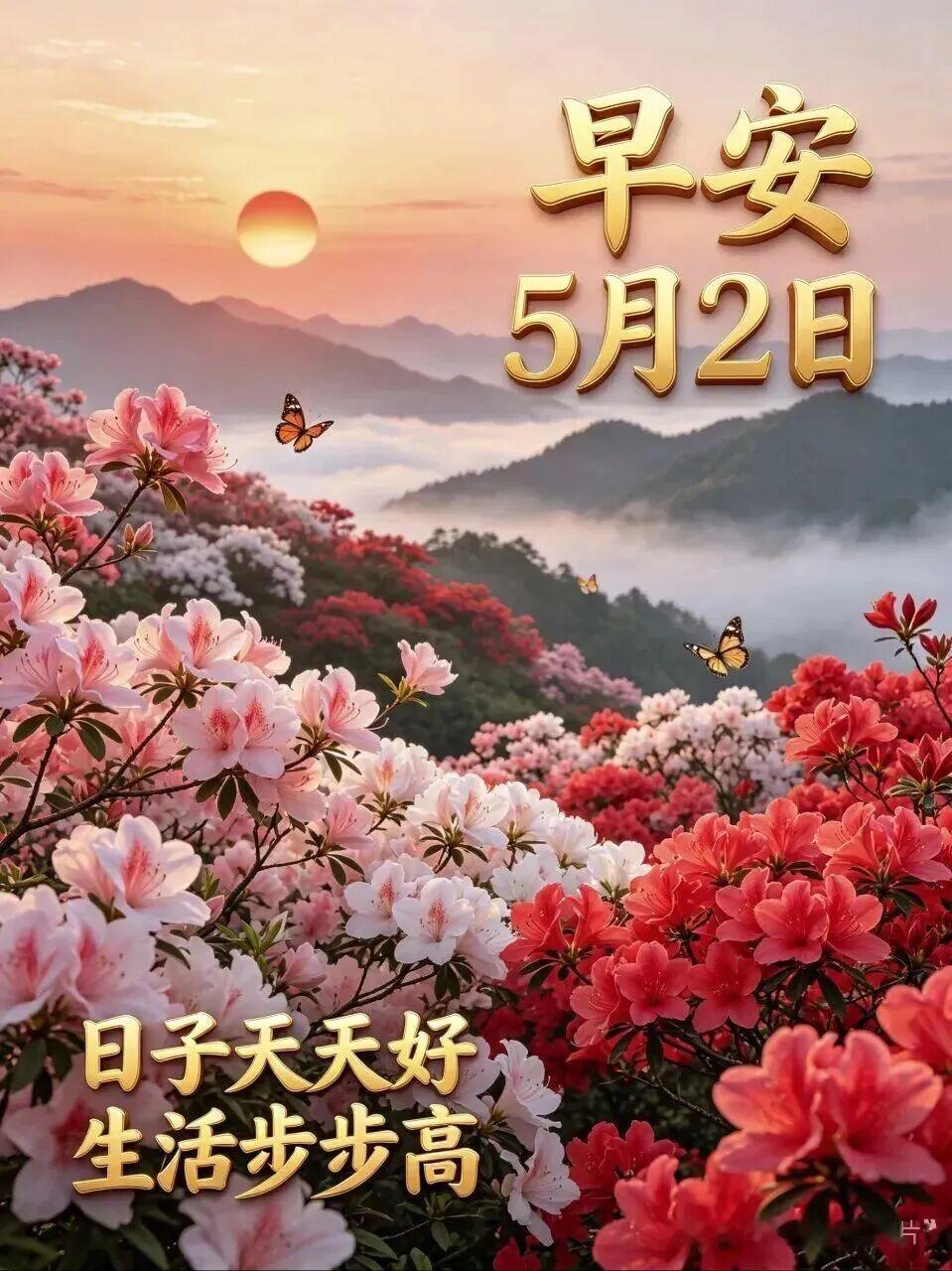 五月的第二天，愿好运与你撞个满怀，幸福与你如影随形。保持良好的心情，拥有健康的身