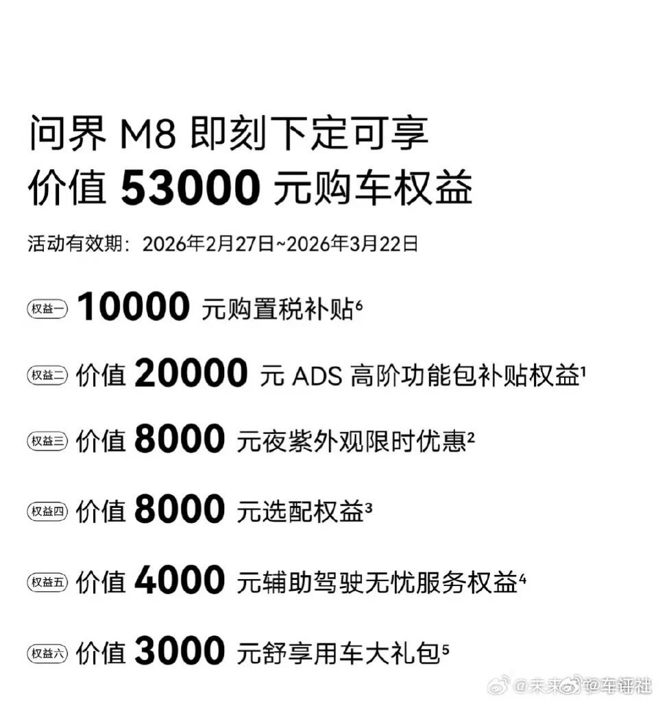车评观察【问界M7新增限时购车权益，至高7万！】具体购车权益包括，10000元