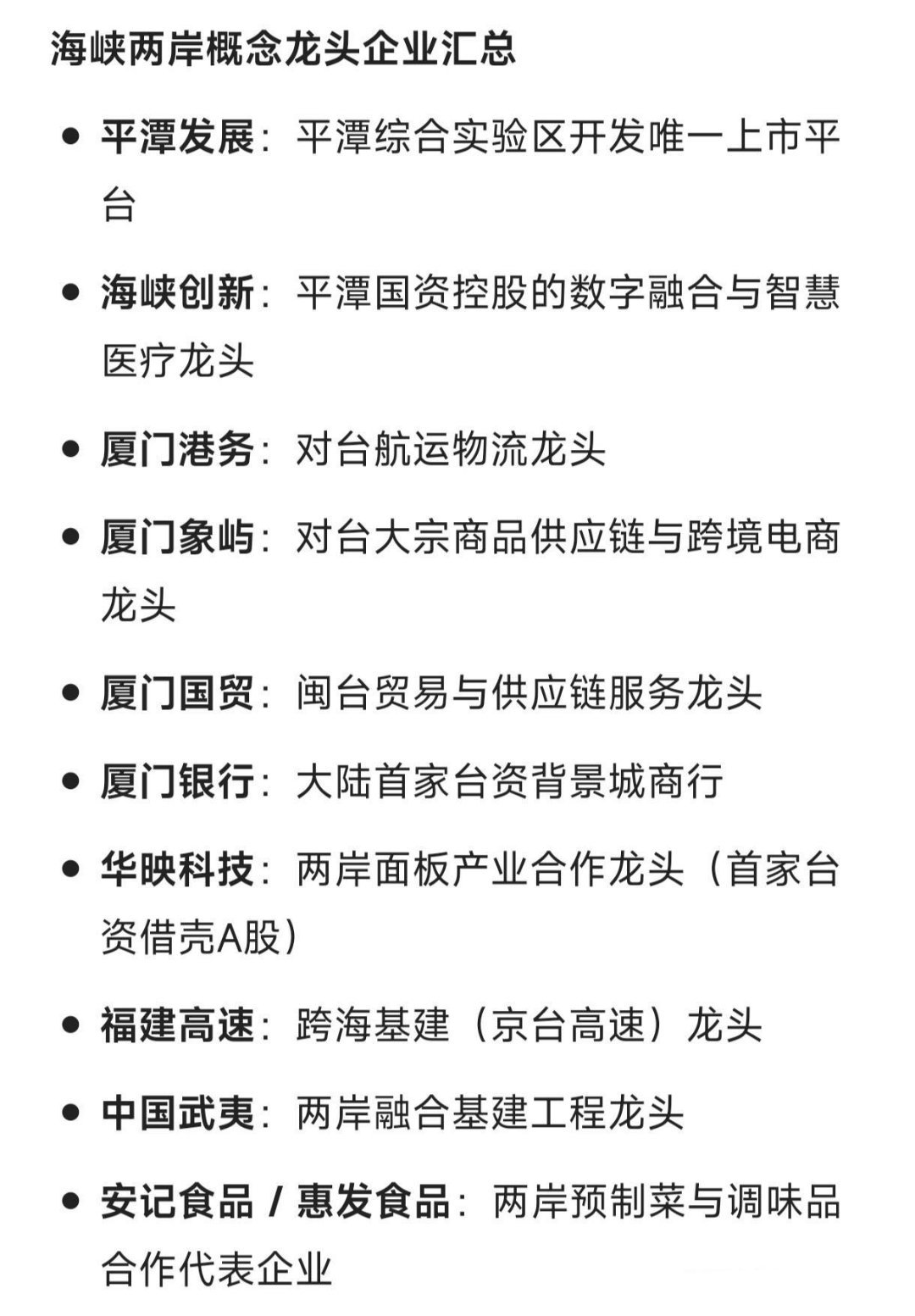 海峡两岸概念龙头企业汇总：平潭发展：平潭综合实验区开发唯一上市平台。海峡创新：平
