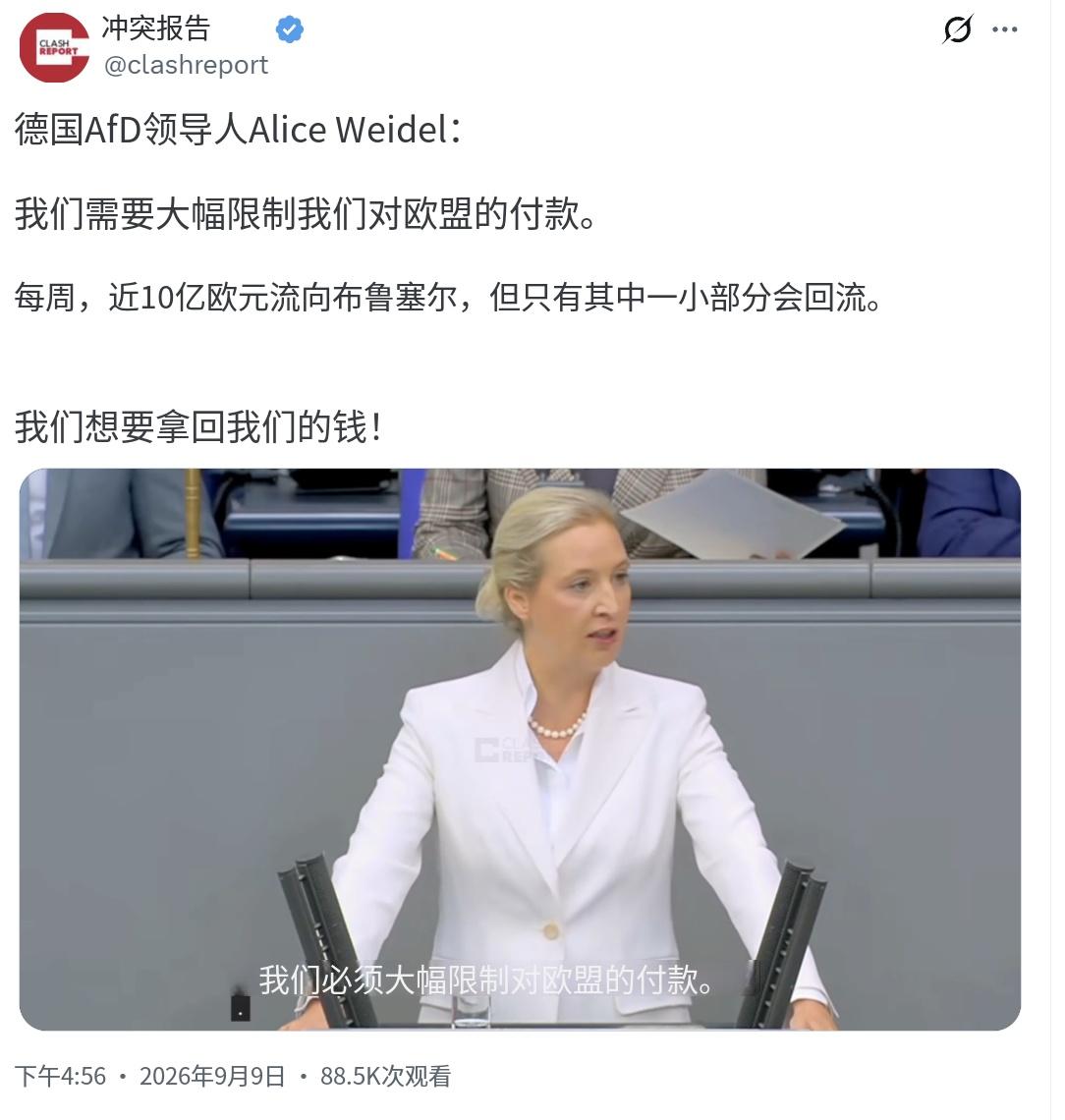 德国选择党领导人爱丽丝·魏德尔昨天（北京时间9月9日）在发表讲话称：“我们必须大