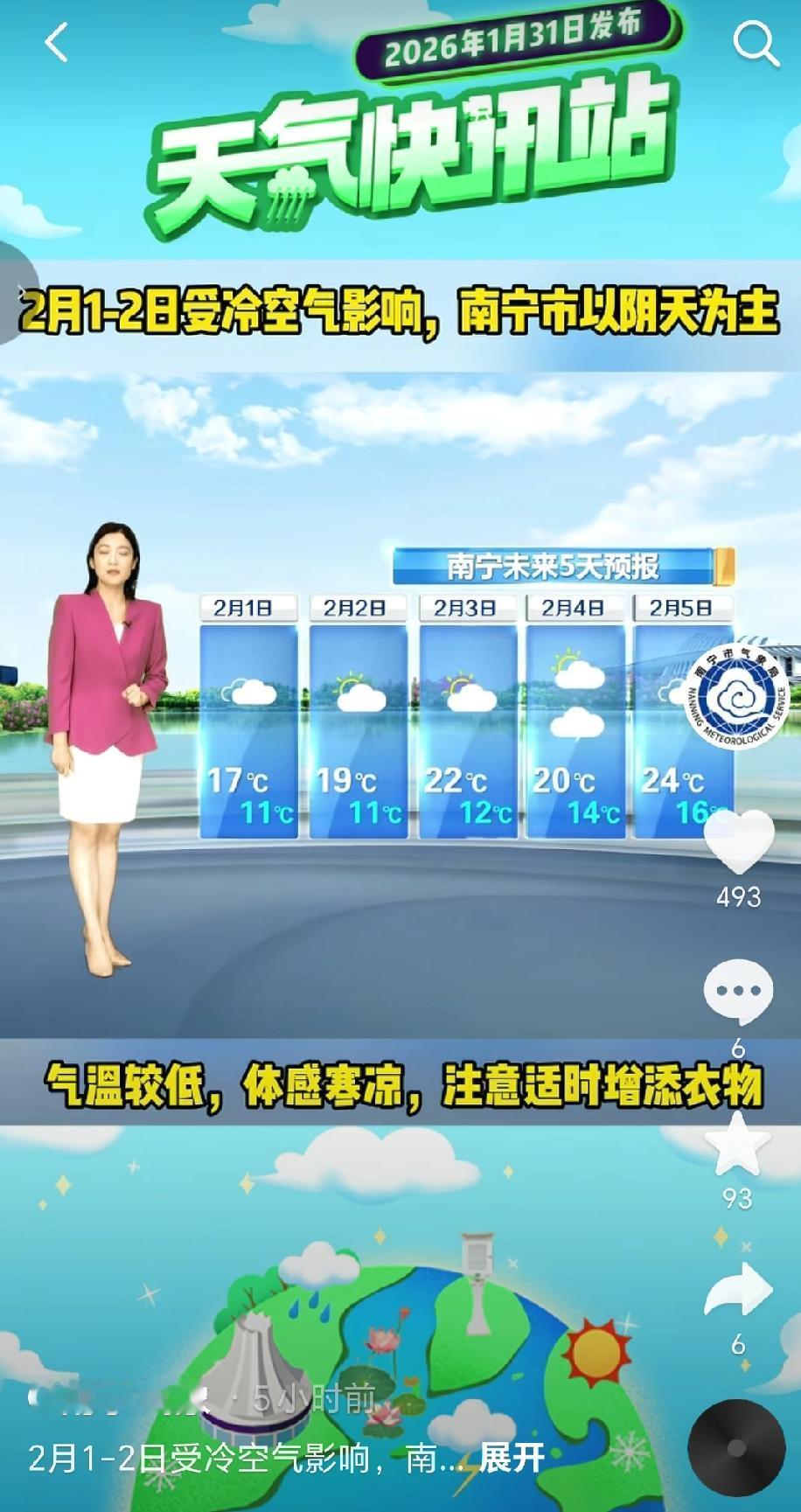 南宁气象发布受冷空气影响，2月1日-2日南宁天气以阴天为主，2月1日南宁城区以阴