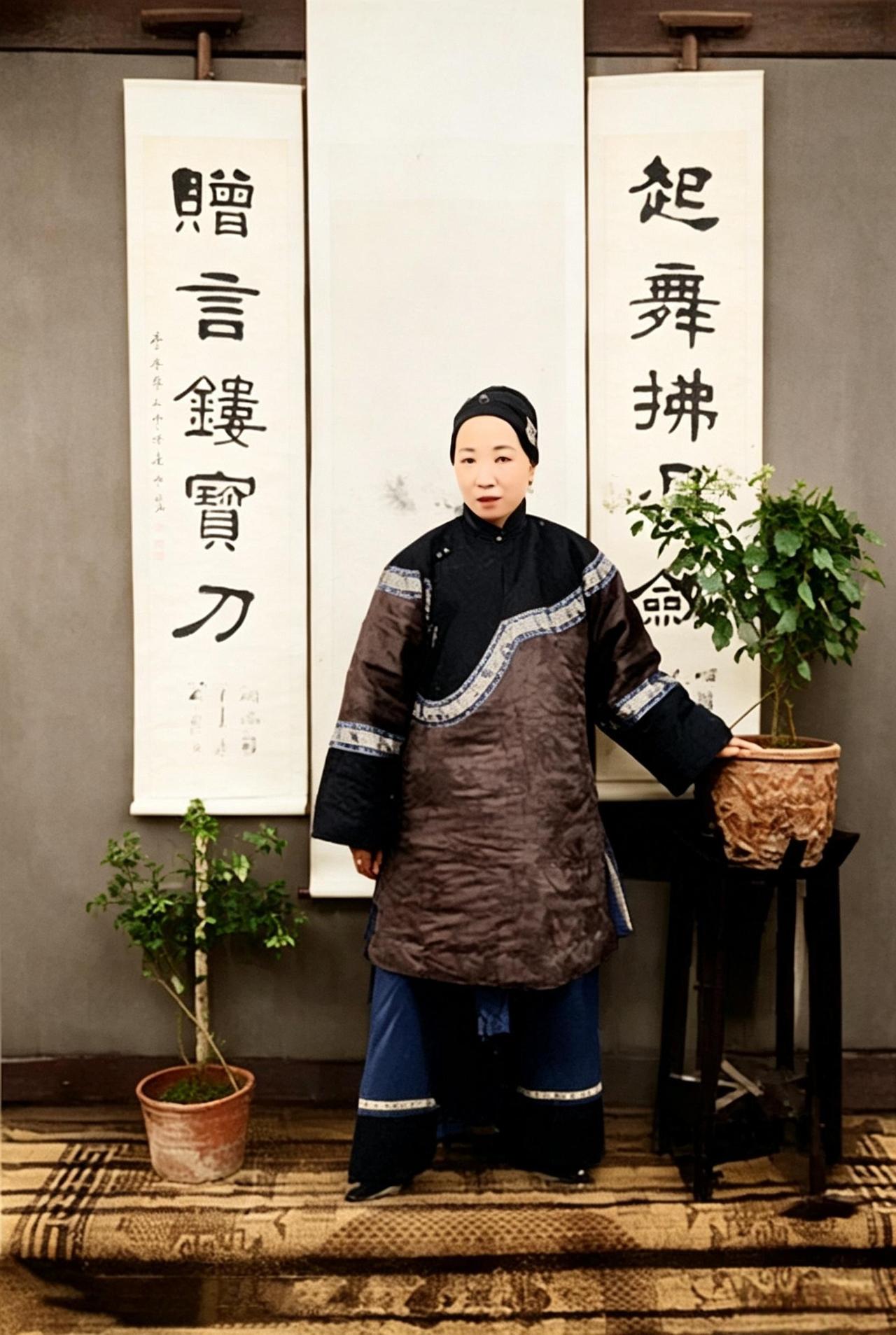 这是百年前陕西一位头戴抹额的小脚女子稳稳站立，一只手轻扶着旁边的盆栽。她身后高悬