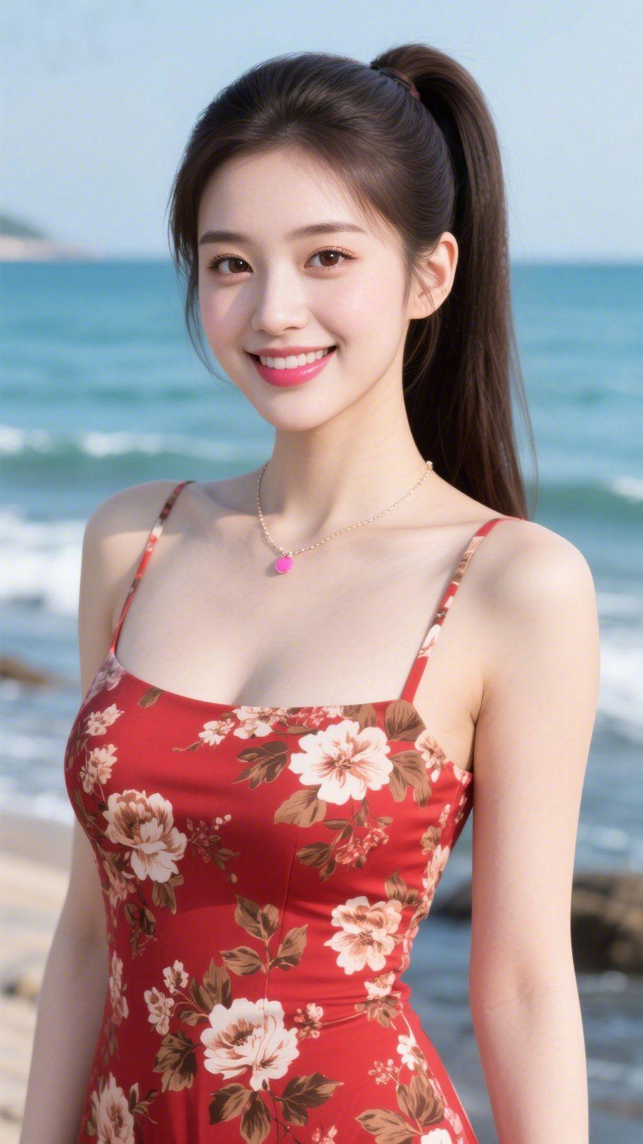 《红裙与海的柔光》海边的风裹着咸润的暖，轻扬起发尾——红裙上的花簇浸了日光