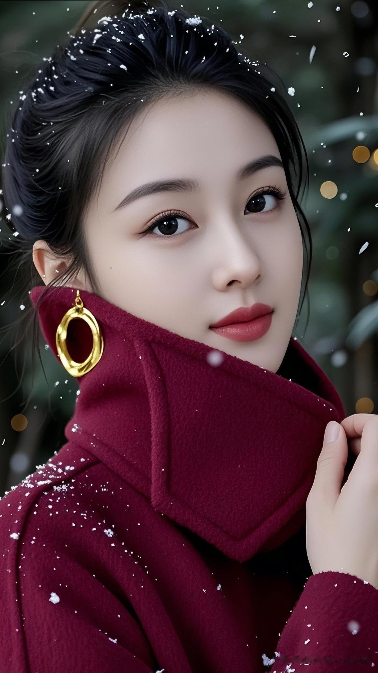 雪中红衣美人，金环映玉颜。每日晒出最美照片冬日暖阳下的红衣美人，雪花飘落，美不