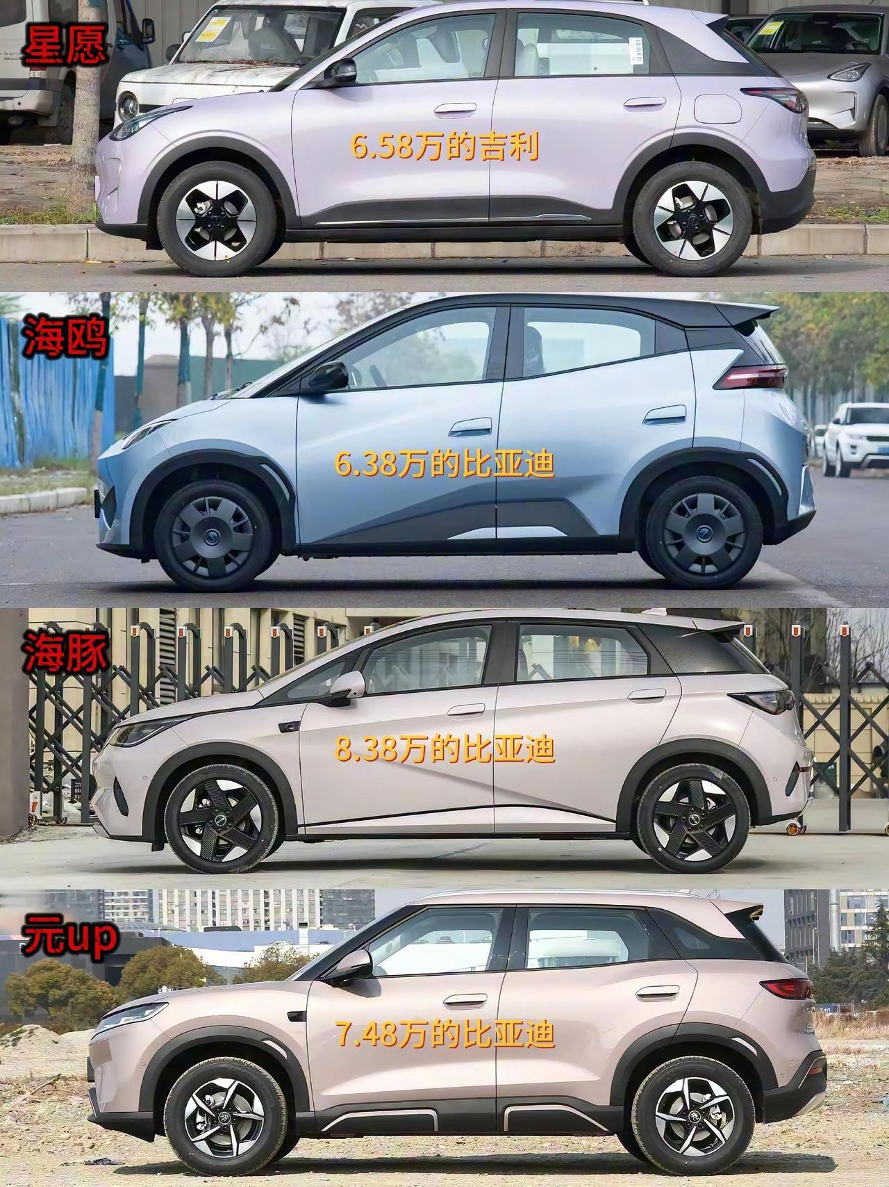 6.58万的吉利星愿，6.38万元的比亚迪海鸥，8.38万元的比亚迪海豚，7.4