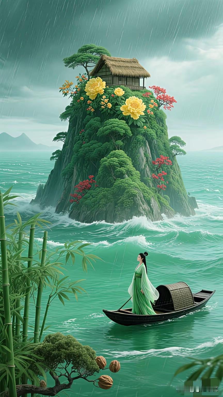 上联：孤舟一笠听春雨下联：单人独浆沐秋风