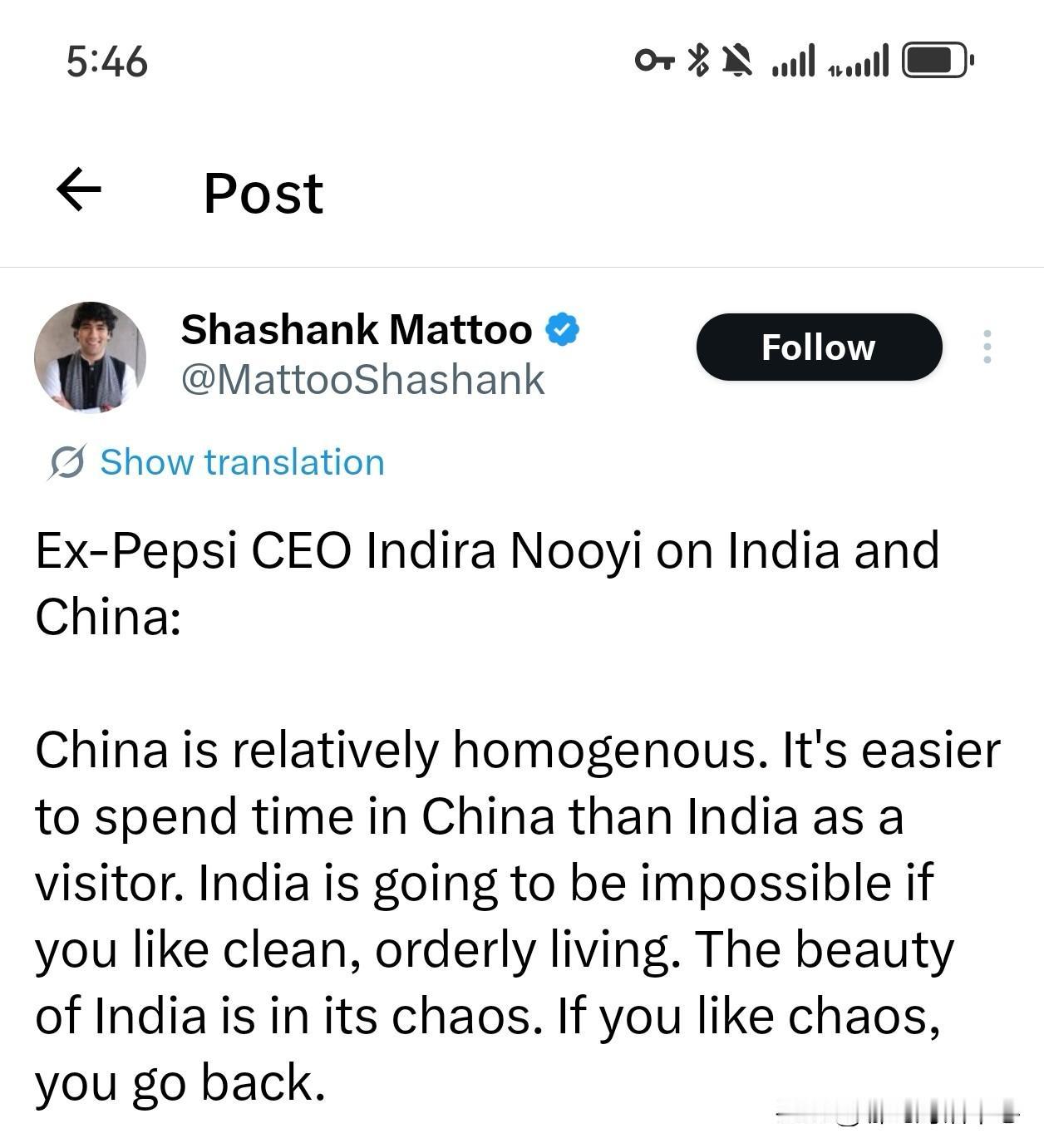 百事可乐前首席执行官IndiraNooyi谈印度和中国：中国相对来说是同质