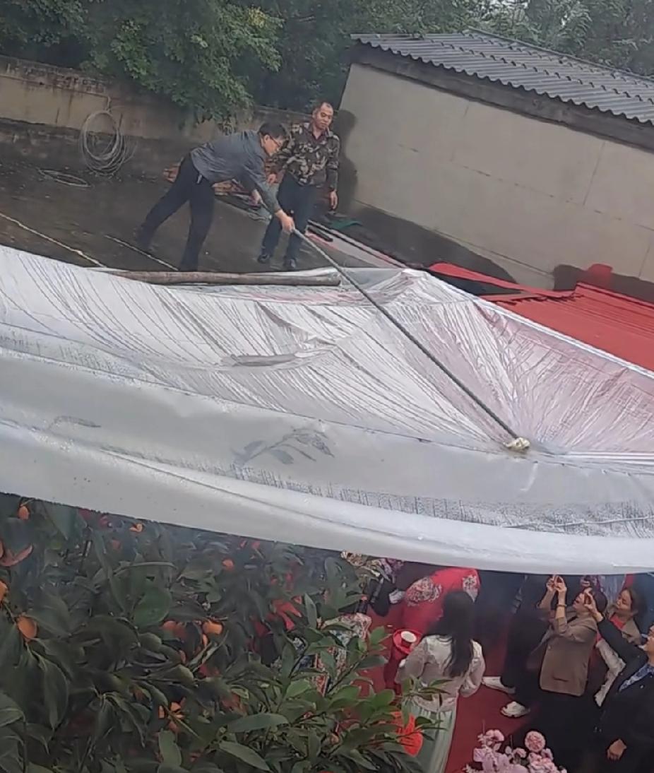 沾沾喜气！10月8日，河北一户人家办婚礼，淅淅沥沥地小雨下不停，院子上方遮雨的塑