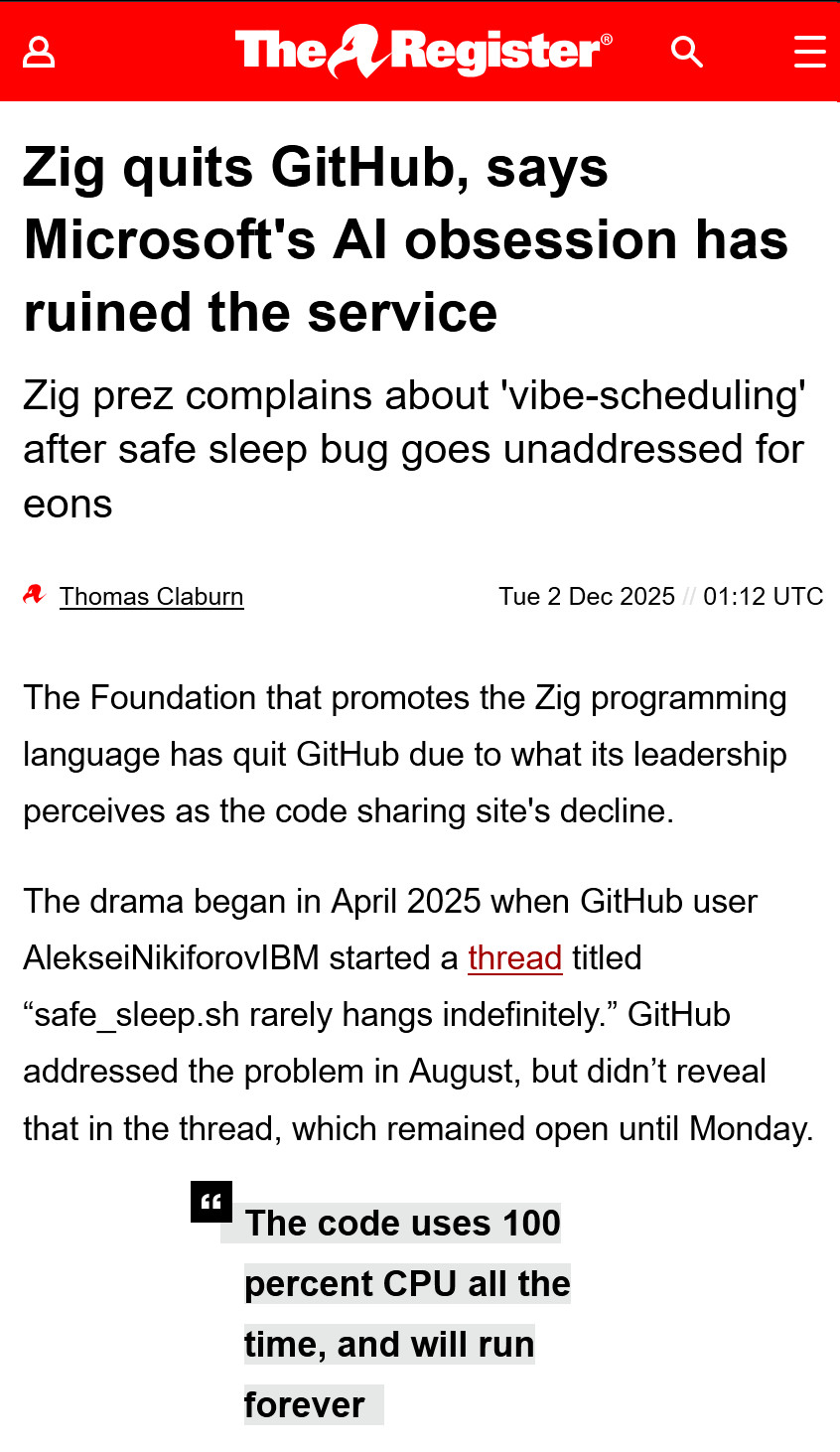 Zig决定退出Github，会迁移到Codeberg。原因可以看Zig软件基金