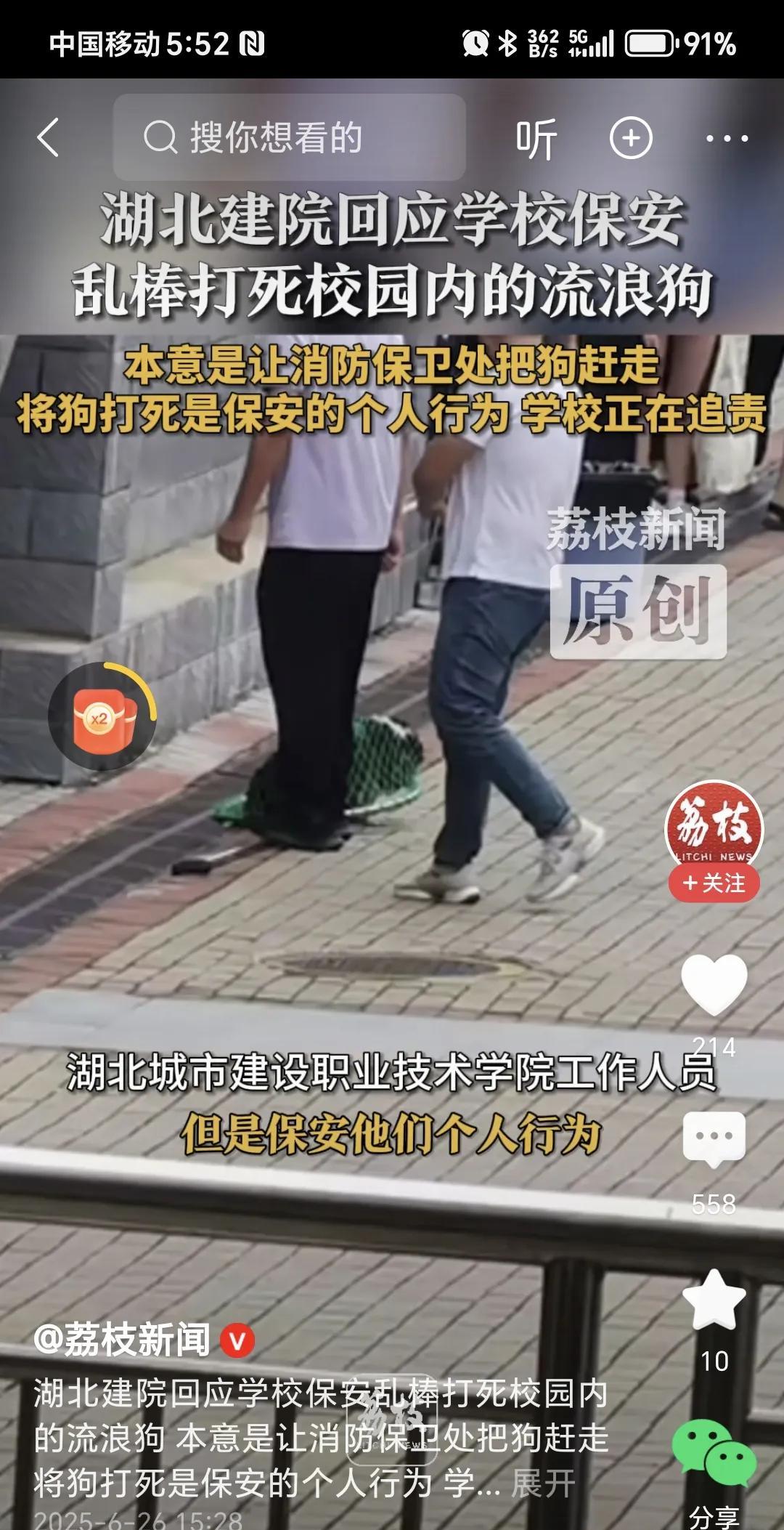 湖北一个学校保安打死流浪狗。流浪狗在学校内有安全隐患，本应抓捕收容。可是学校没