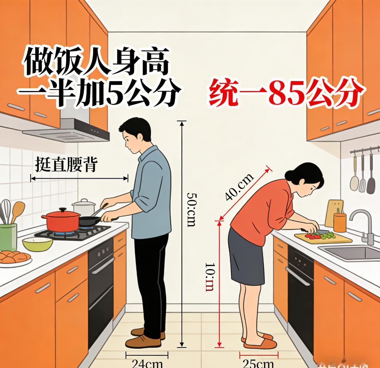 我身高一米六，台面85，切菜像练蹲马步；老公一米八，洗碗弯成问号。搬进来三个月