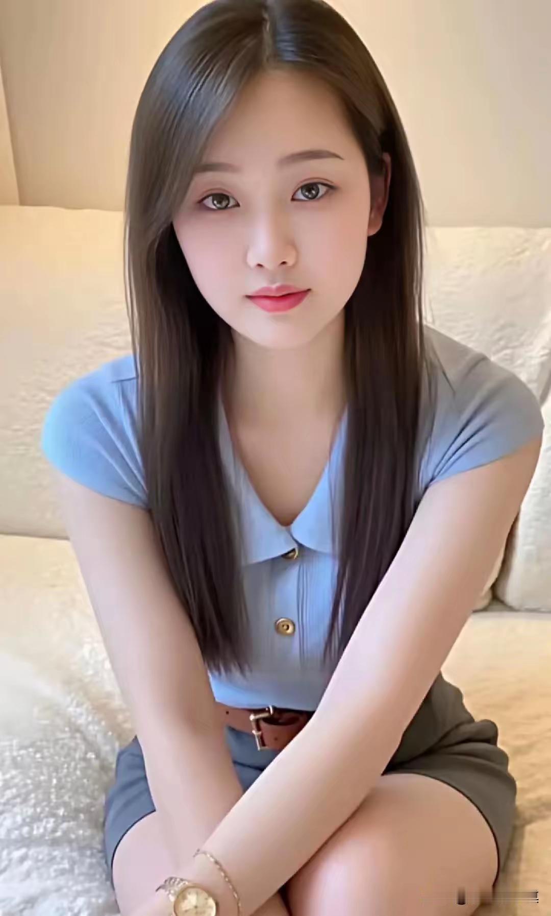 这位小姐姐在沙发上坐着。