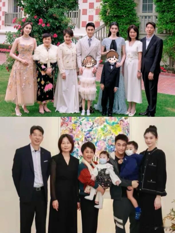 何超欣发的这张全家福，真的挺有意思。你看奚梦瑶爸妈站在那儿，跟四太梁安琪相比，