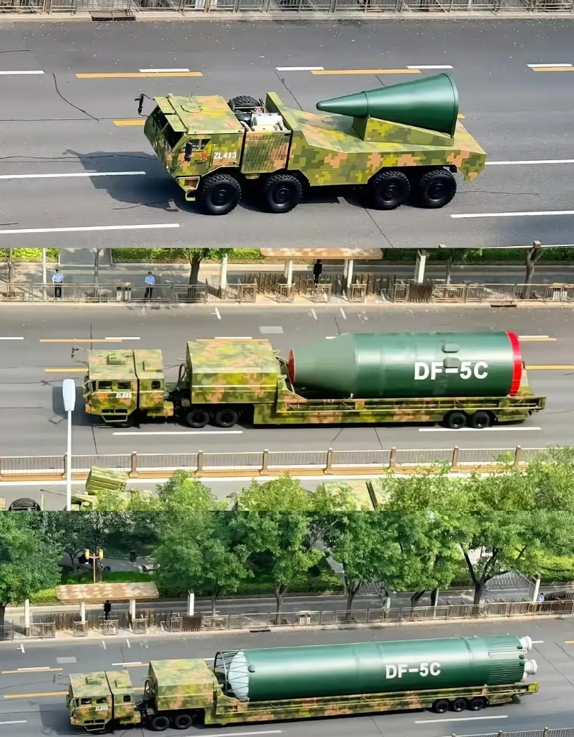 这DF-5C也太猛了吧。三辆车才拉的完。光一个弹头就要用一辆车。听说还是“全球