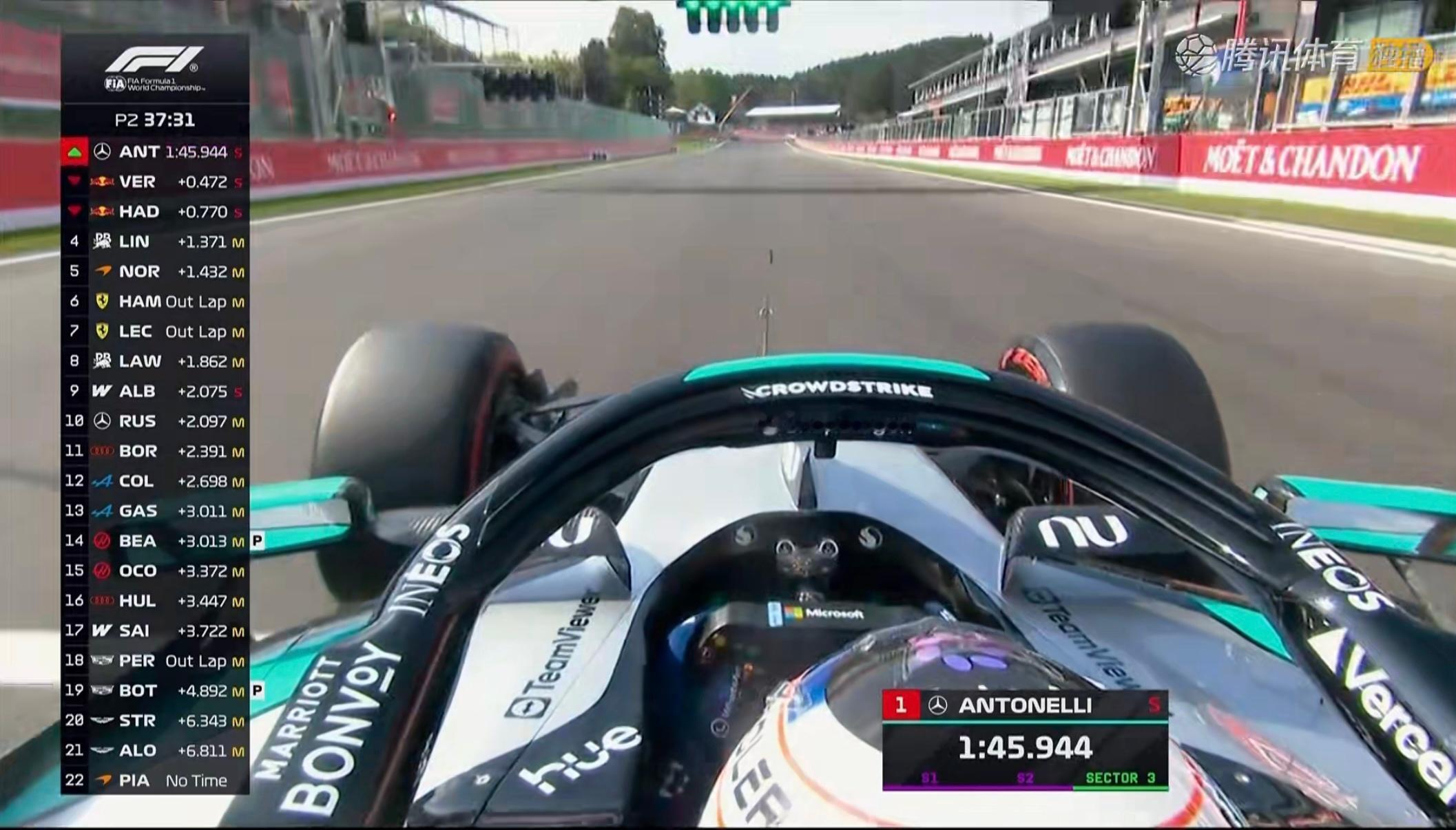 梅赛德斯在FP2找回了S2时间，安东内利单圈领先0.4以上2026f1比利时大奖