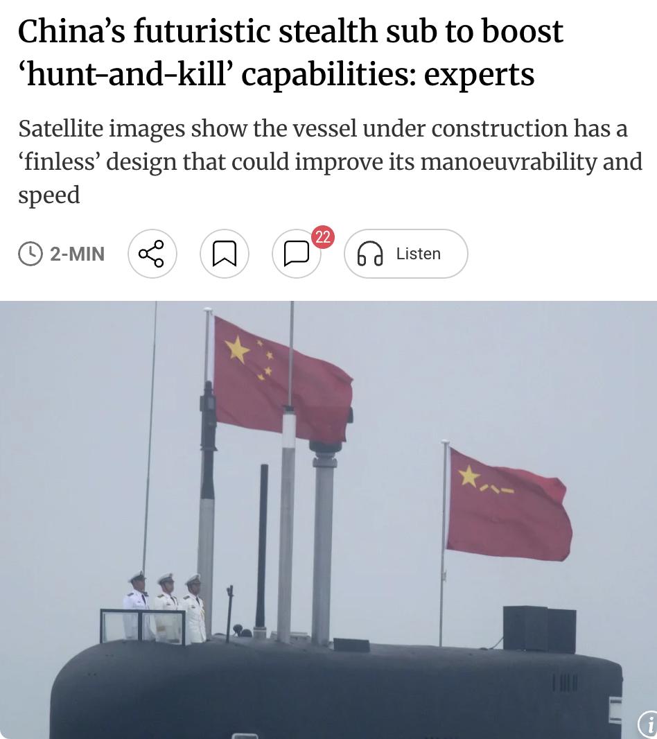外媒：中国疑似研发无帆潜艇，专家称将增强"猎杀"能力据法国军事媒体《海军新闻