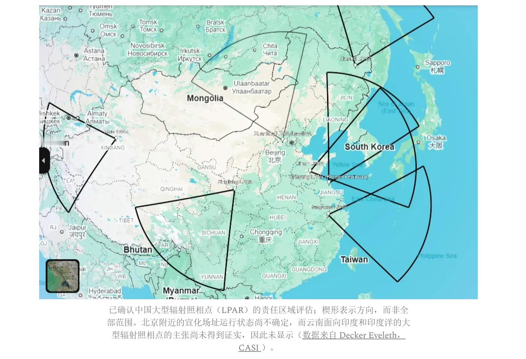 外国GTW智库(CASI)标注的东大战略预警雷达(LPAR)地点，他们配合29就