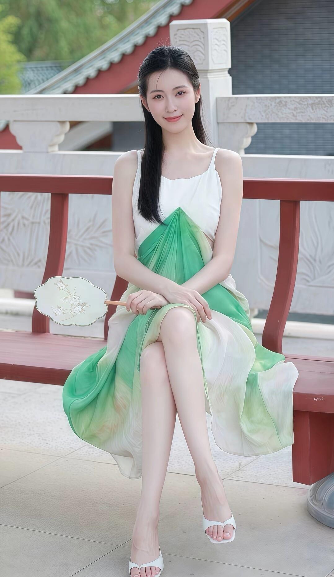 夏日清新穿搭，绿白相间连衣裙，优雅坐于长椅上，手持团扇，尽显温婉气质。
