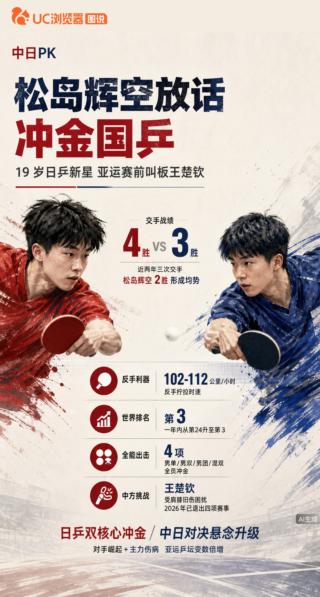 亚运乒乓中日对决悬念拉满！19岁松岛辉空放话五成实力赢国乒，近两年对王楚钦2胜1负。他反手生胶专克弧