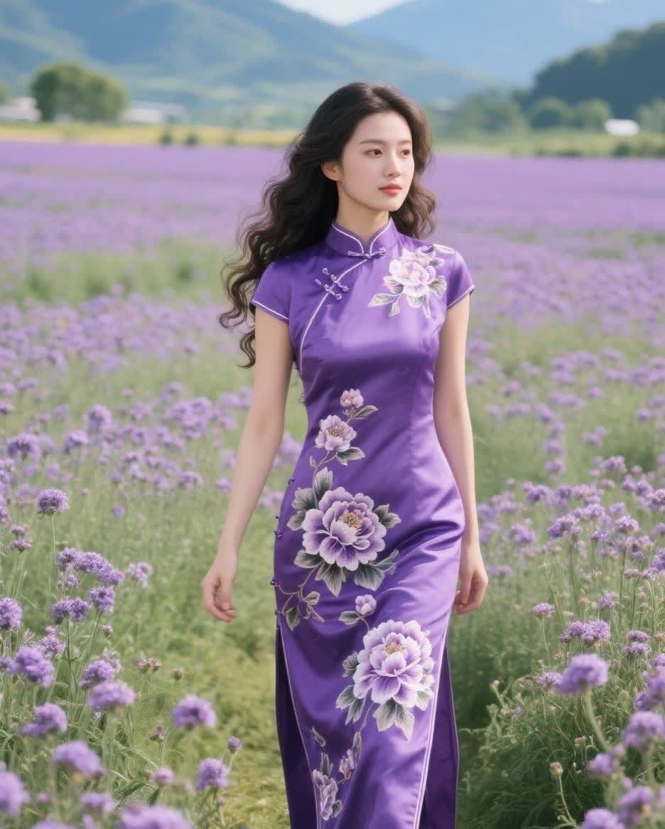 在浪漫的花田美景中，广袤花田开满紫色花朵，远处山峦起伏，天空晴朗。一位女子身着紫