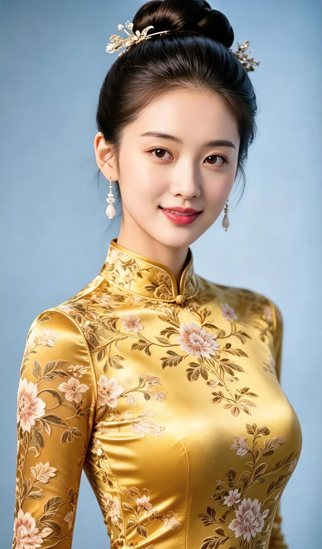 金缎绣着花开立领轻托温柔发簪别住流年耳坠摇着光斑你站在蓝色安静里