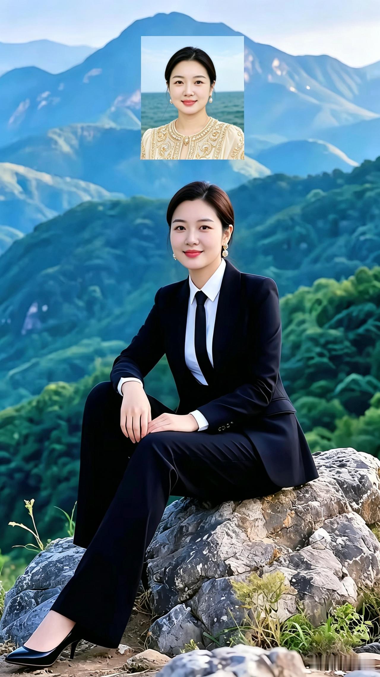 这位佳人坐在山顶的巨石之上，身后是连绵起伏的青山，视野格外开阔。她身着一套笔挺