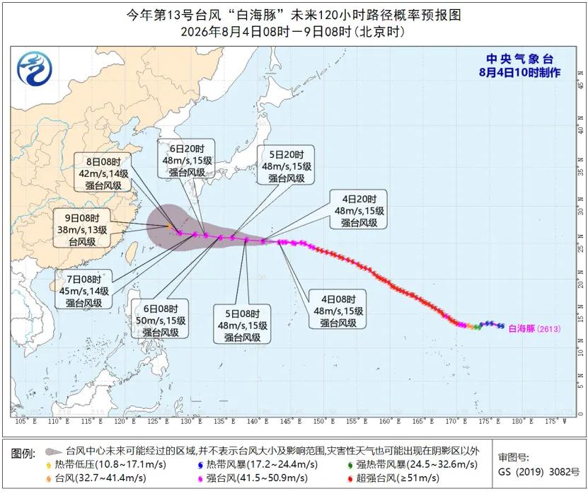 台风“白海豚”现在还在西北太平洋溜达，离咱们挺远——4日上午8点中心在那霸东边约