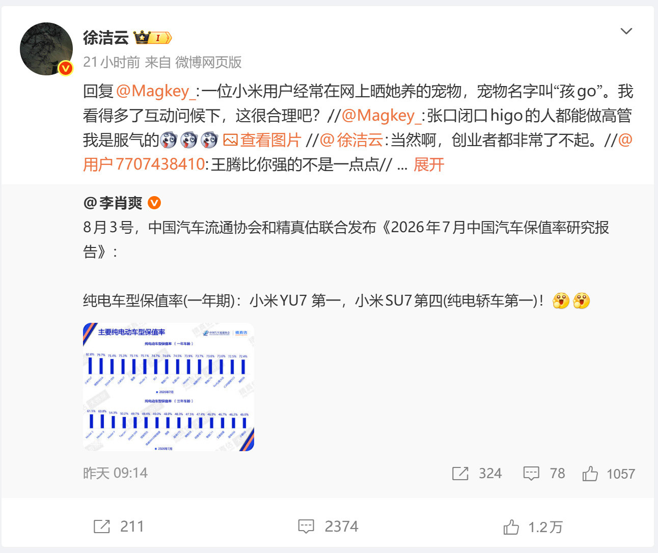 一位小米用户经常在网上晒她养的宠物，宠物名字叫“孩go”。我看得多了...