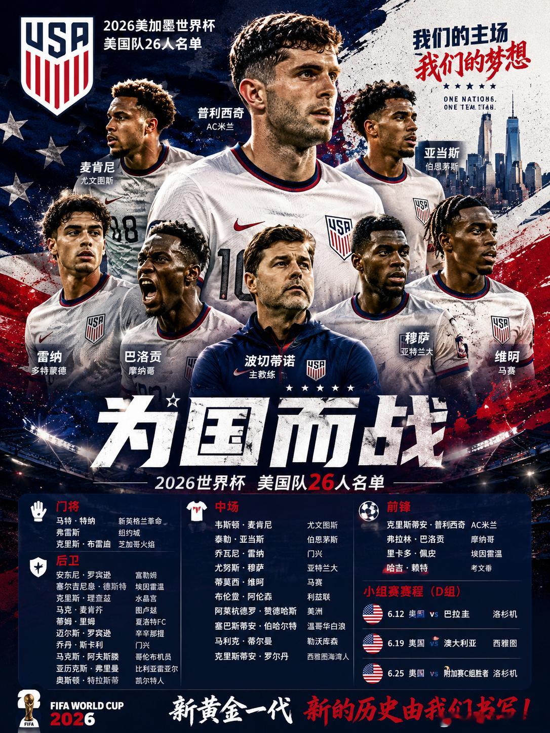 东道主美国世界杯26人名单正式出炉！波切蒂诺正式公布美国队出征2026世界杯最终