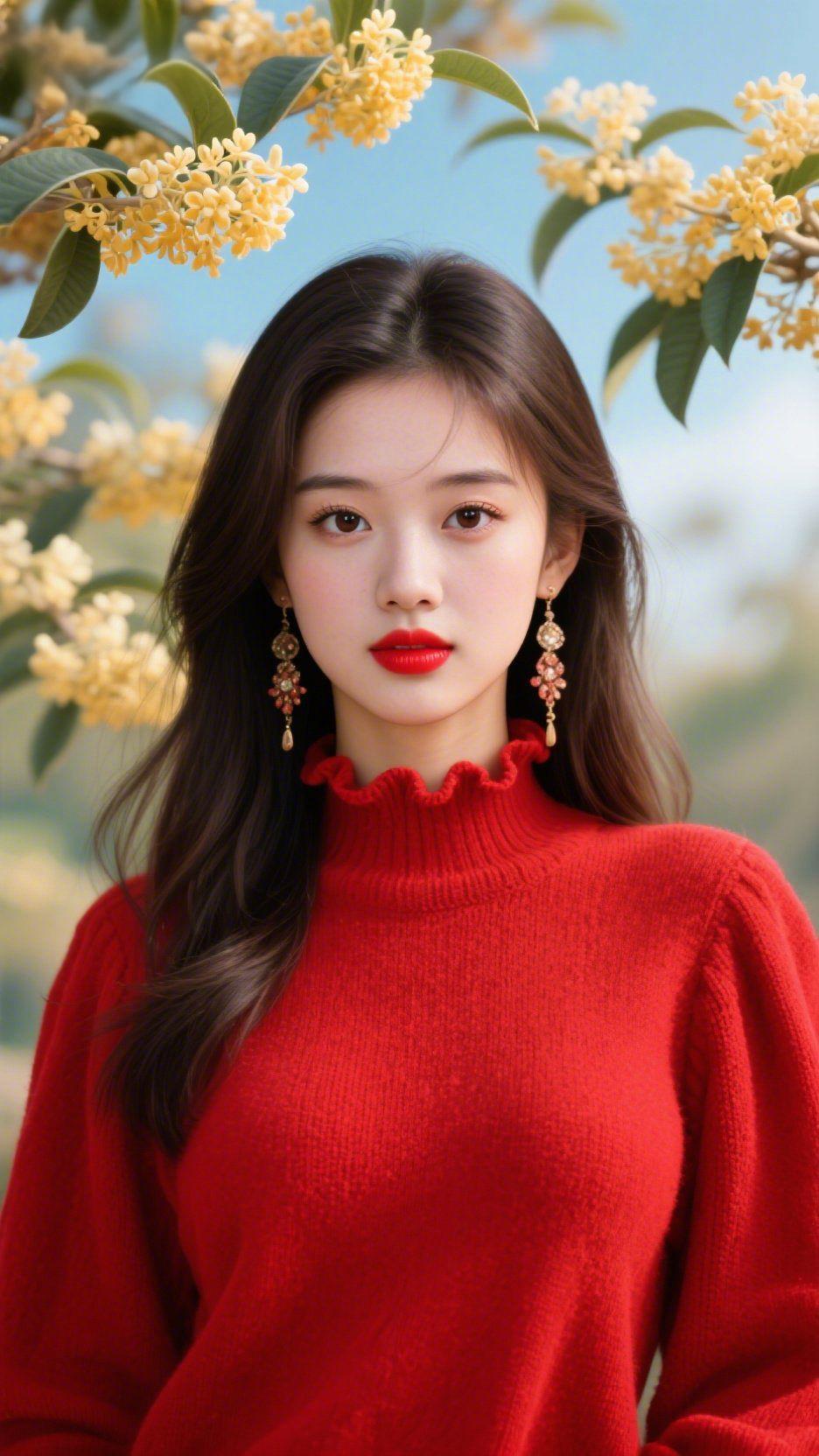 《红衫栖桂香》正红毛衣裹着软绒暖意，领口褶皱像揉碎的云，轻贴颈间漫开温软。