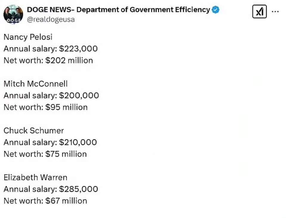 马斯克政府效率部曝光一些美国议员的财产……这算不算巨额资产来源不明[doge]