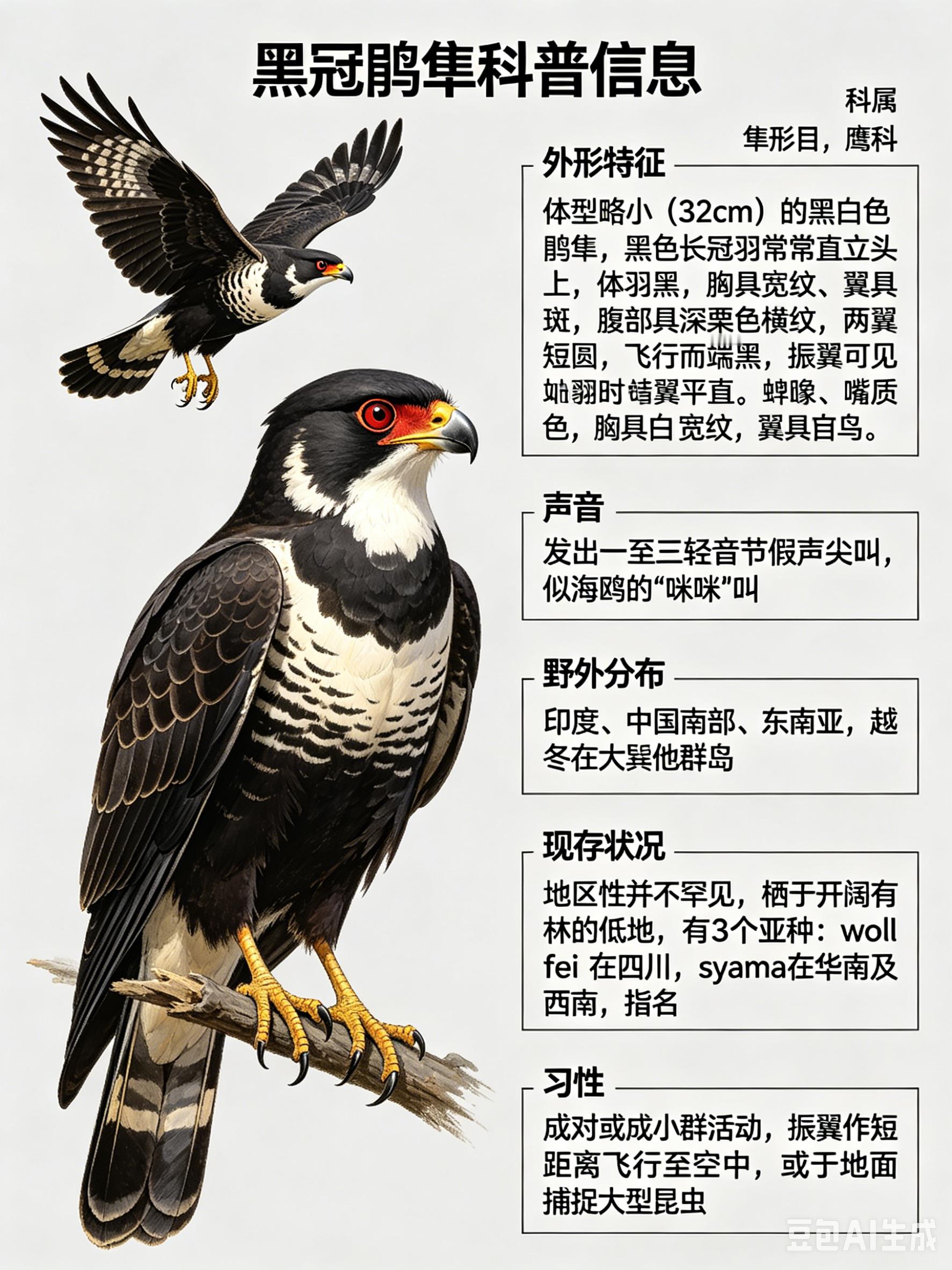 鸟类朋友图鉴黑冠鹃隼·科属：隼形目，鹰科。·外形特征：体型略小（32cm）的黑