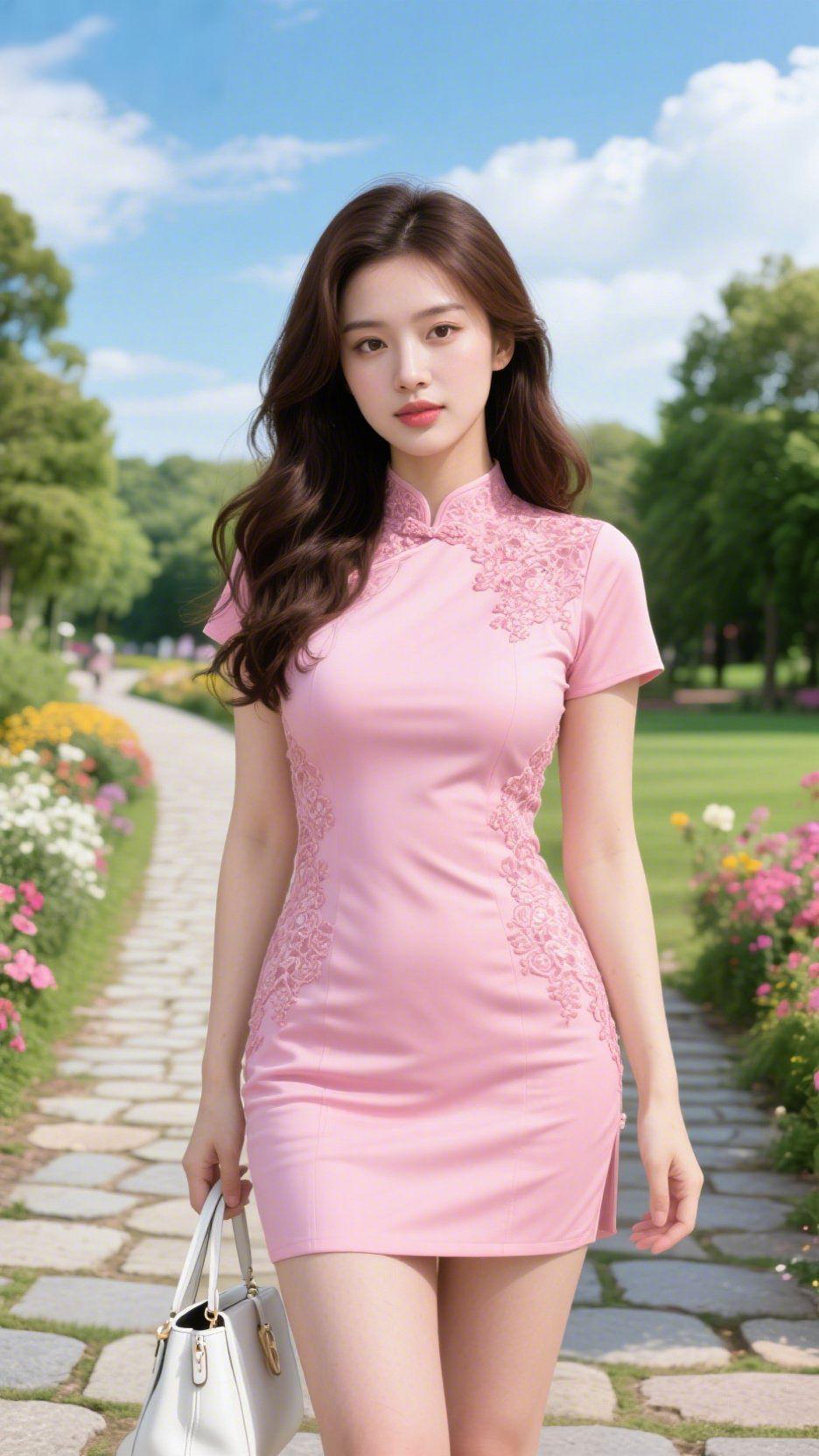 晴日芳园花径晴云舒展碧天宽，石径蜿蜒入翠团。夹道繁英开烂漫，环园嘉树覆清