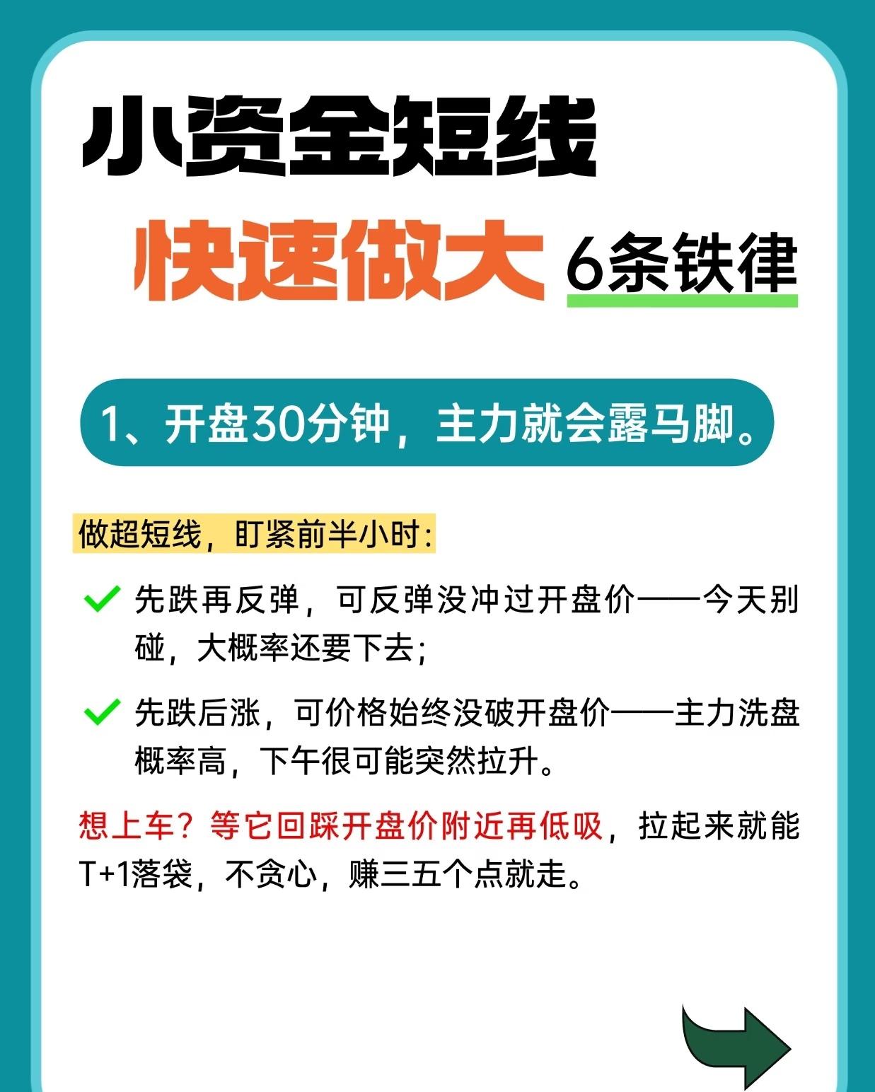 “小资金短线快速做大”分享了6条实用铁律，核心是通过观察主力动向、把握关键信号和