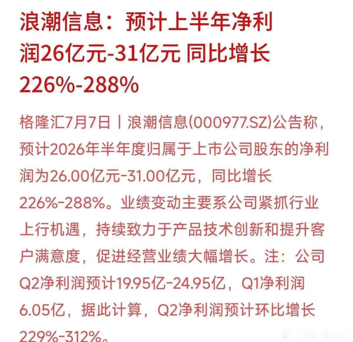 国产算力服务器龙头浪潮信息刚刚发布了业绩预告：预计今年上半年净利润高达26亿到3