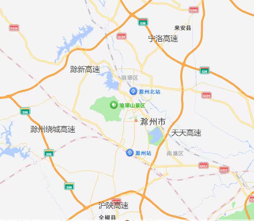 滁州环城高速由宁洛高速、天天高速、沪陕高速、滁州绕城高速、滁新高速共同衔接合围而