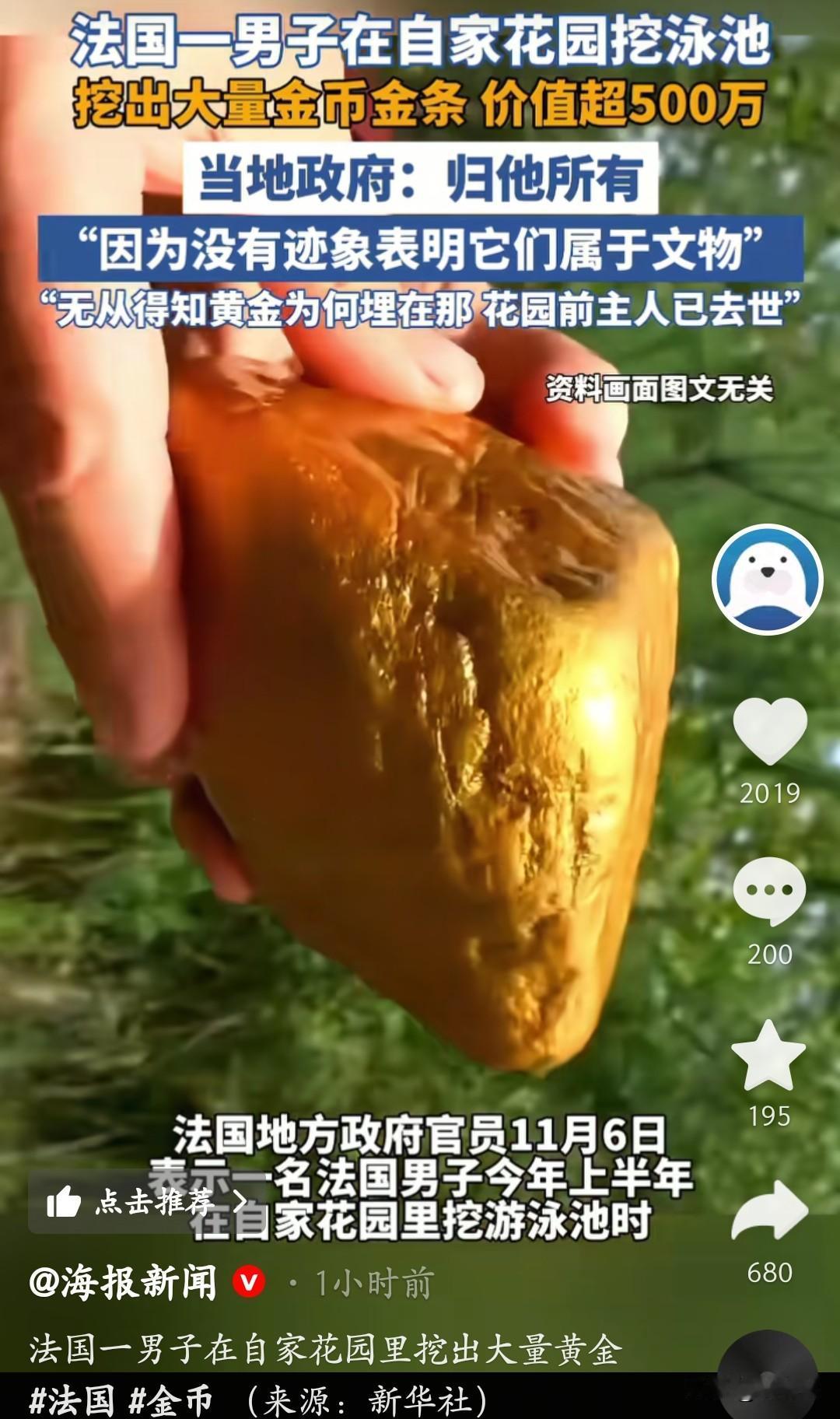 挖泳池挖出500多万的金子？这法国大哥运气绝了！自家花园刨土建泳池，一铲子