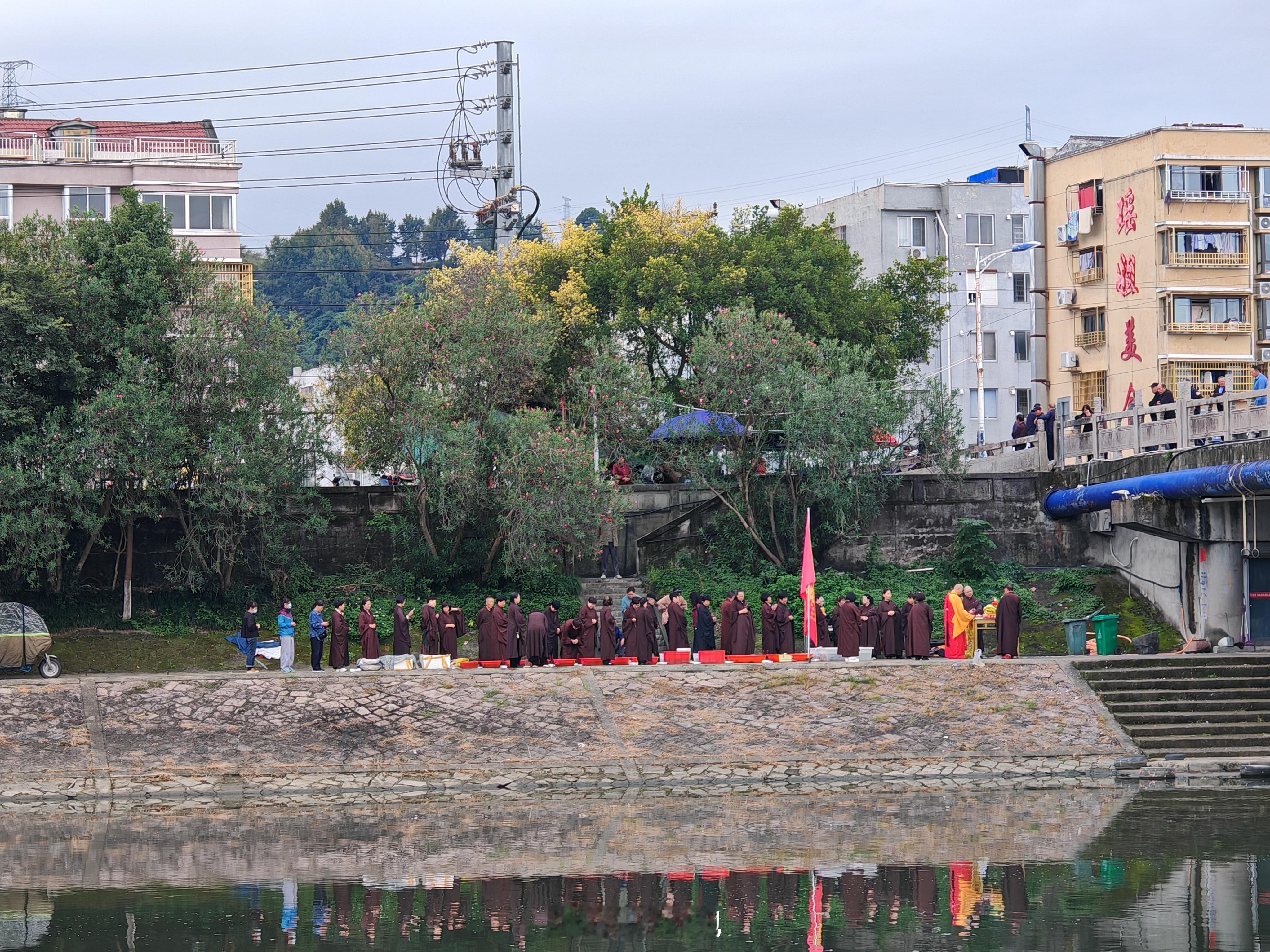 温州某县，河边放生，还专门请来和尚主持仪式……​​​