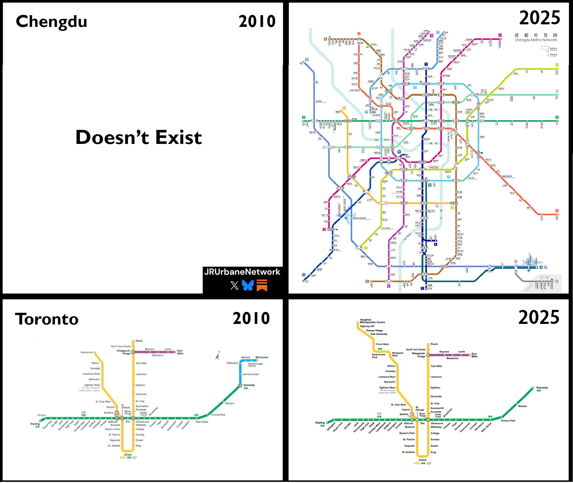 🔻JRUrbaneNetwork:“成都地铁vs多伦多地铁2010