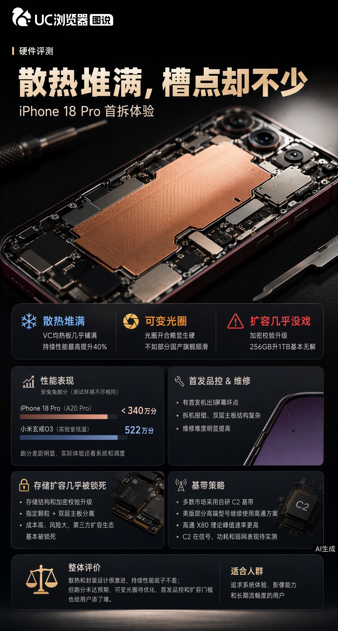 iPhone18Pro首拆：散热堆料猛，跑分却不到340万；可变光圈生硬，扩容被锁死，首发还现屏幕坏