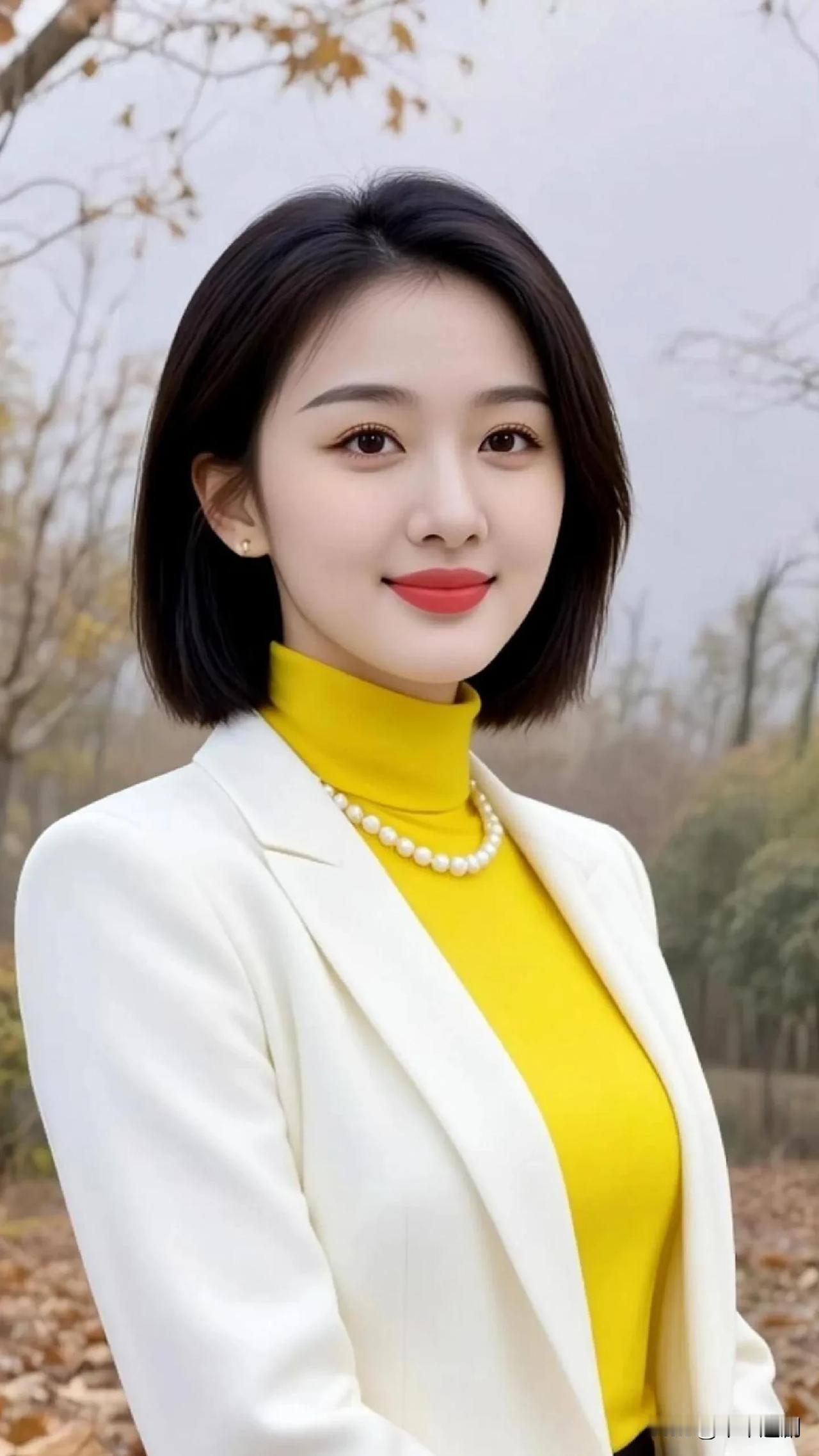 💛亮黄高领撞色白西装，在秋日林间自成一抹亮色，利落里藏着温柔，自信就是最好的
