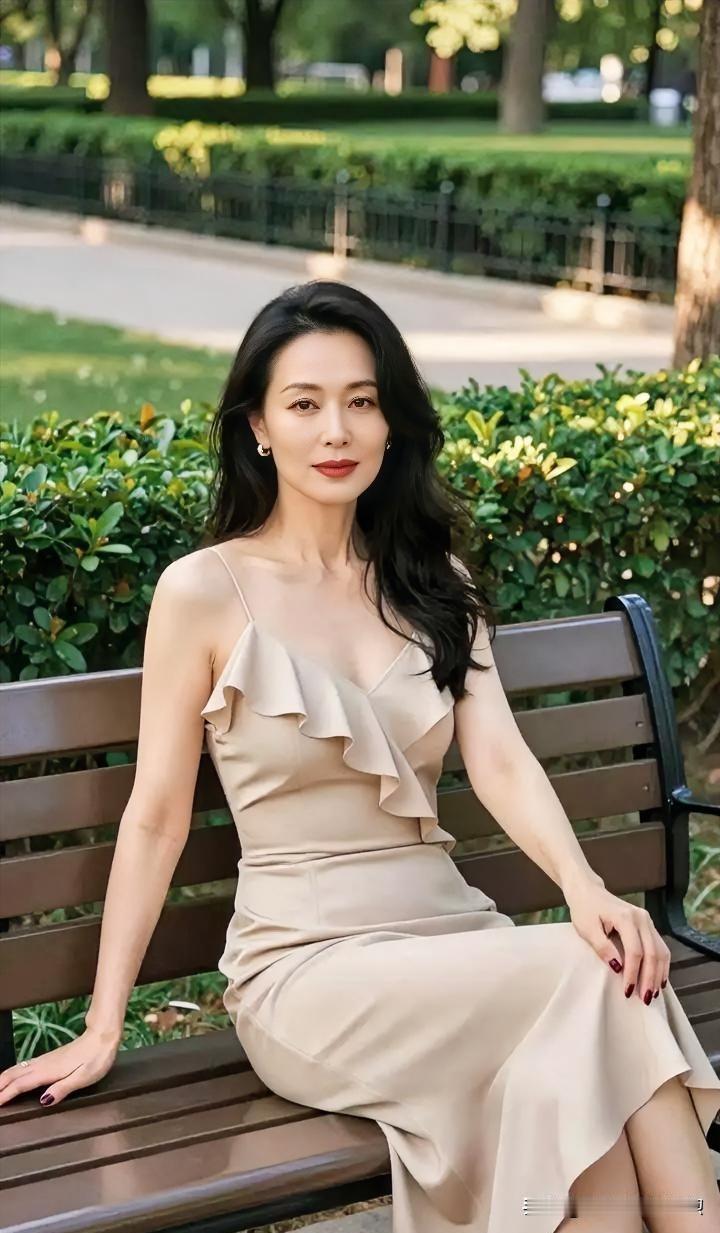 【现代散文诗·午后凝思】绿荫深处，木椅静承时光的温柔。米色裙裾垂落，