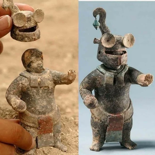 带有可拆卸头盔的1500年历史的玛雅陶瓷雕像​​​