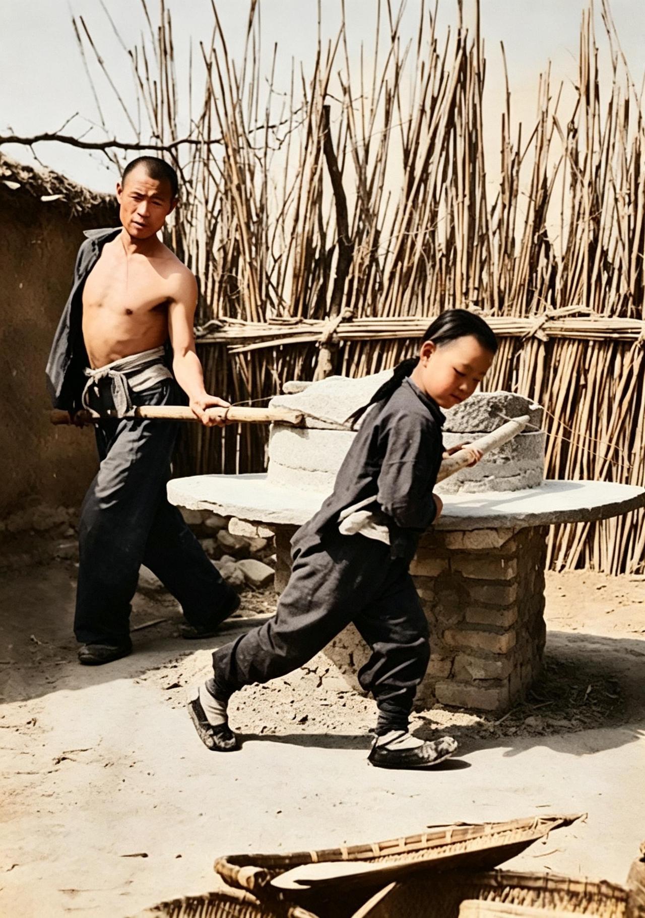 这是晚清乡村生活中最为常见的场景。一个年幼懂事的孩子，正帮着父亲推石磨。只见他身