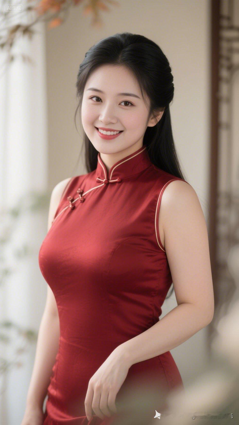 古风真人写真，画面中是一位成熟大方的绝色美人白梦妍。她微笑着直视镜头...