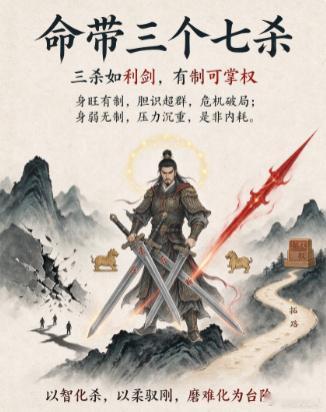 【八字十神｜命带三个七杀】七杀为偏官，代表压力、挑战、魄力、竞争。命盘中透出三个七杀，杀星力量厚重，